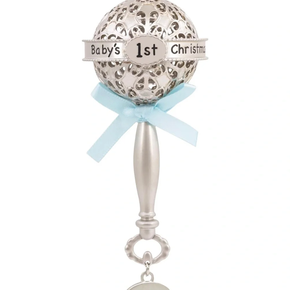 2025 Baby's First Christmas Ornament Hallmark Sliver Rattle Blue Bow Boy